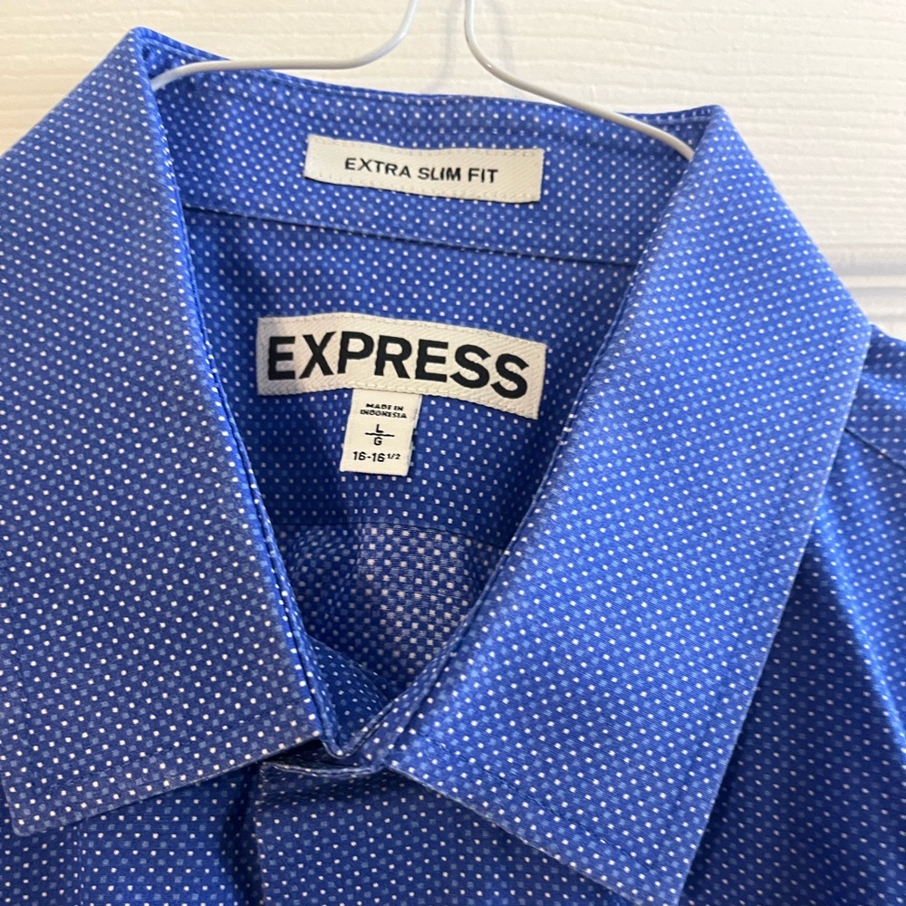 Blue Button-up Shirt. Small white polka dots.